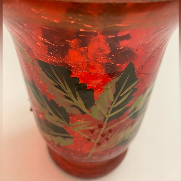Vintage Red Crackle Glass Hurricane Vase Hand Painted Christmas Poinsettias 6” - Picture 9 of 12